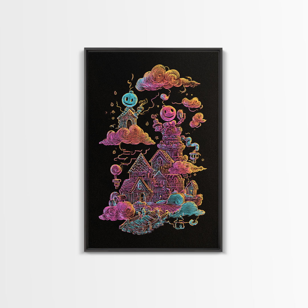The Upside-Down Candy Kingdom, Vaporwave Halloween Decor, Vertical Wall Art, Canvas Print, Retro Halloween Decor, Neon Wall Art