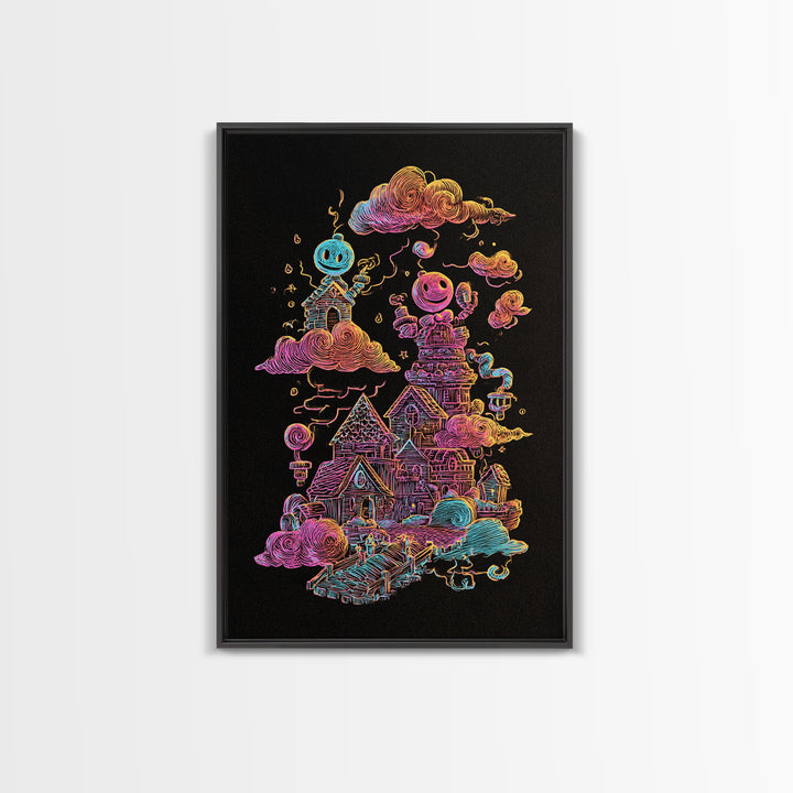 The Upside-Down Candy Kingdom, Vaporwave Halloween Decor, Vertical Wall Art, Canvas Print, Retro Halloween Decor, Neon Wall Art