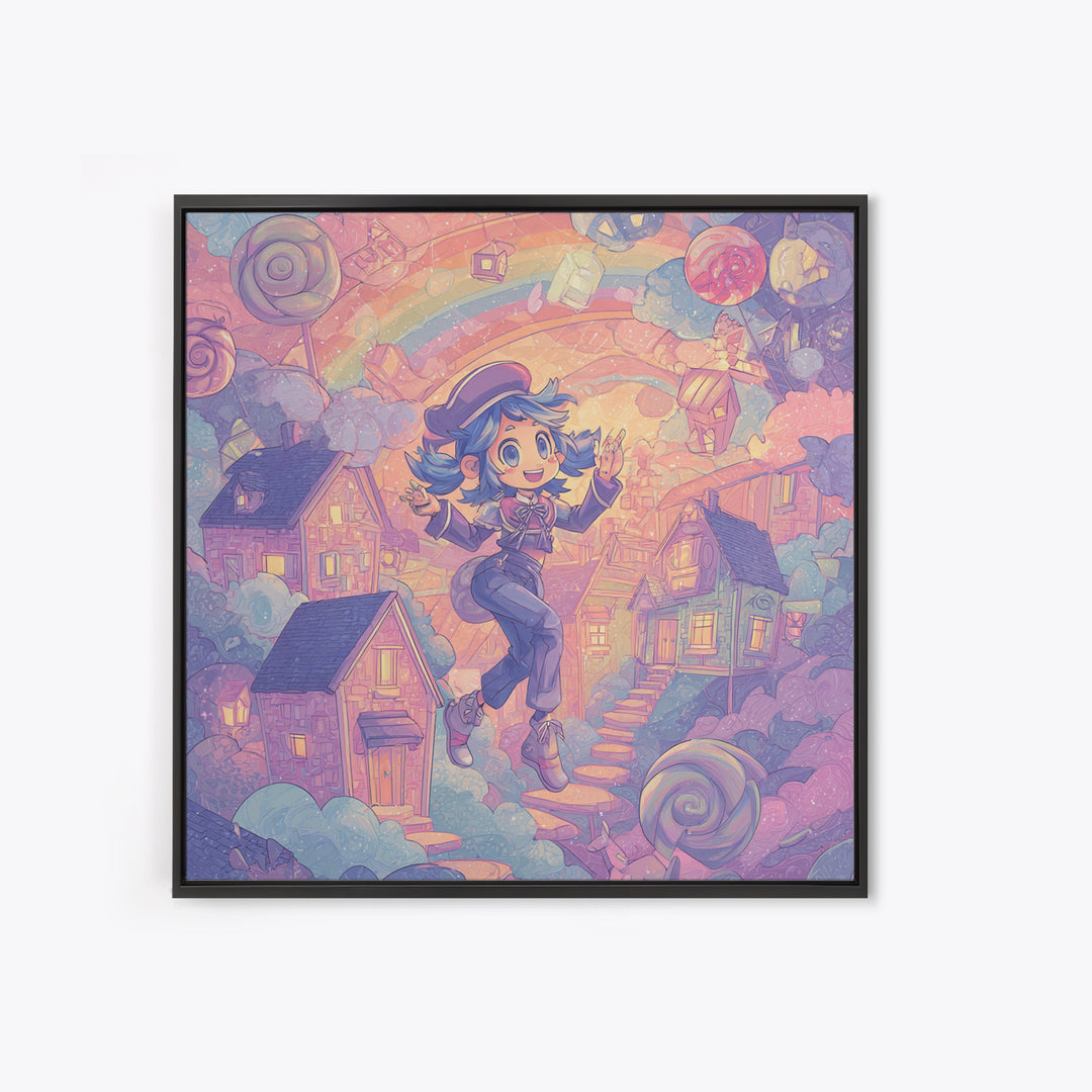The Upside-Down Candy Kingdom, Synthwave Halloween Art, Square Wall Art, Framed Canvas Print, Retro Halloween Decor, Neon Wall Art