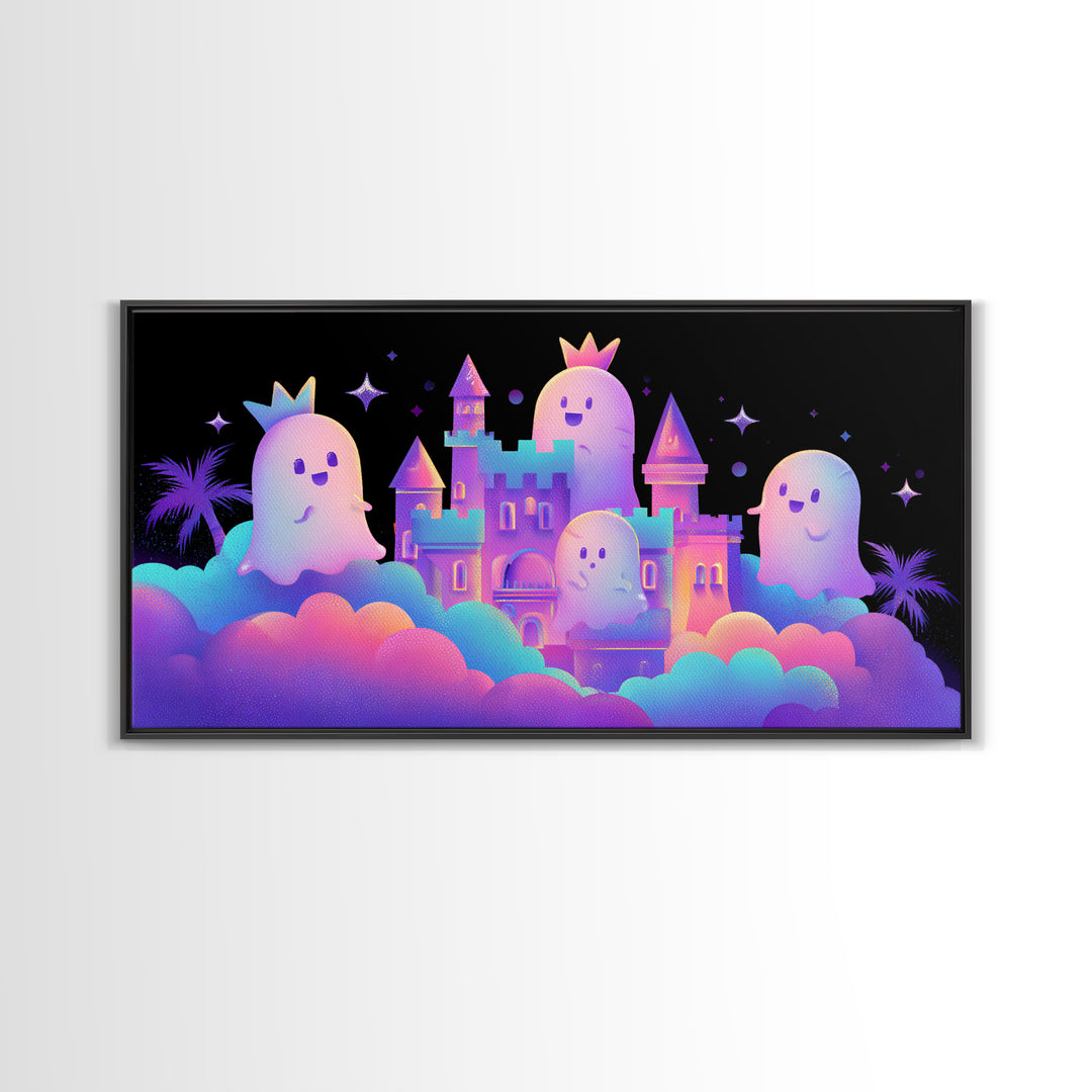 The Halloween Cloud Castle, 80s Halloween Wall Art, Wide Panoramic Art, Framed Canvas Print, Retro Halloween Decor, Neon Wall Art