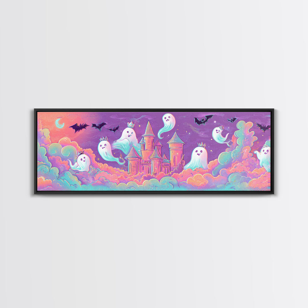The Halloween Cloud Castle, Retro Neon Halloween Art, Extra Wide Wall Art, Framed Canvas Print, Retro Halloween Decor, Neon Wall Art