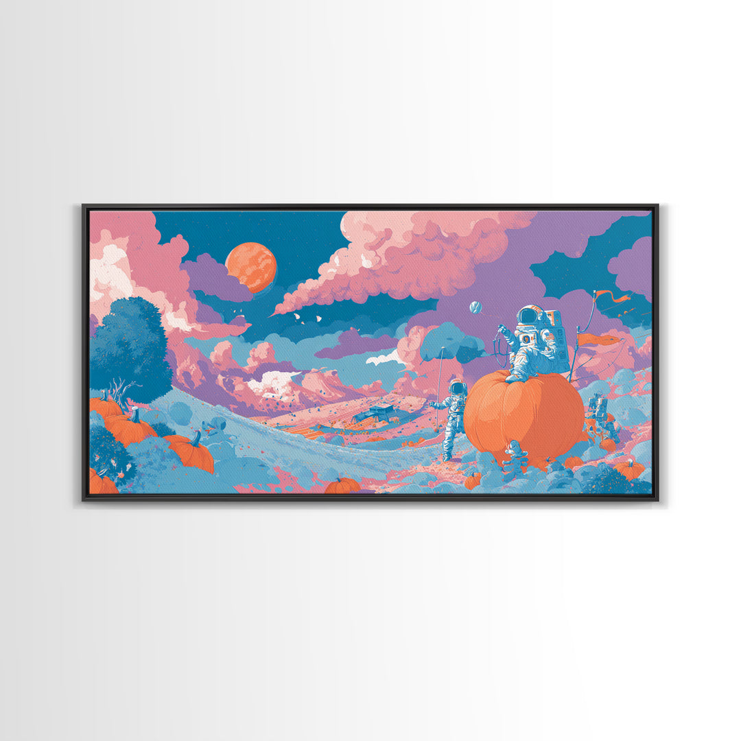 The Pumpkin Moon Expedition, Cute Spooky Neon Art, Wide Panoramic Art, Canvas Print, Retro Halloween Decor, Neon Wall Art, Spooky Wall Decor