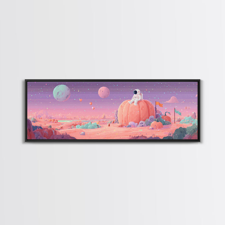 The Pumpkin Moon Expedition, Cute Spooky Neon Art, Extra Wide Wall Art, Framed Canvas Print, Retro Halloween Decor, Neon Wall Art