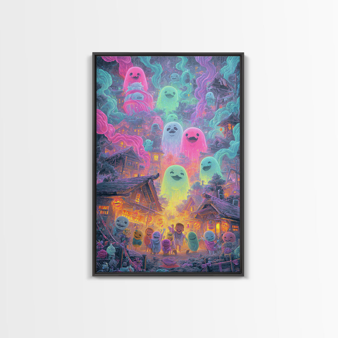 The Ghost Balloon City, Retro Neon Halloween Art, Vertical Wall Art, Framed Canvas Print, Retro Halloween Decor, Neon Wall Art
