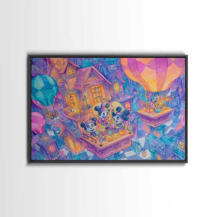 The Ghost Balloon City, 80s Halloween Wall Art, Landscape Wall Art, Canvas Print, Retro Halloween Decor, Neon Wall Art, Gothic Home Decor