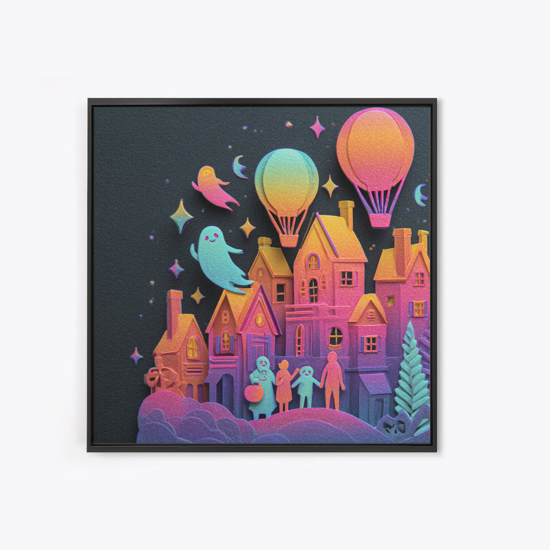 The Ghost Balloon City, Cute Spooky Neon Art, Square Wall Art, Canvas Print, Retro Halloween Decor, Neon Wall Art, Horror Wall Art