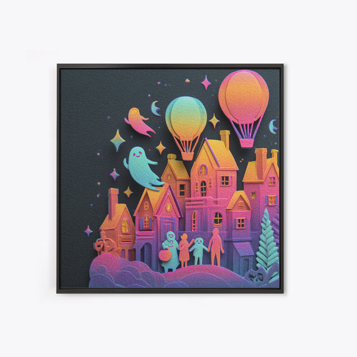 The Ghost Balloon City, Cute Spooky Neon Art, Square Wall Art, Canvas Print, Retro Halloween Decor, Neon Wall Art, Horror Wall Art
