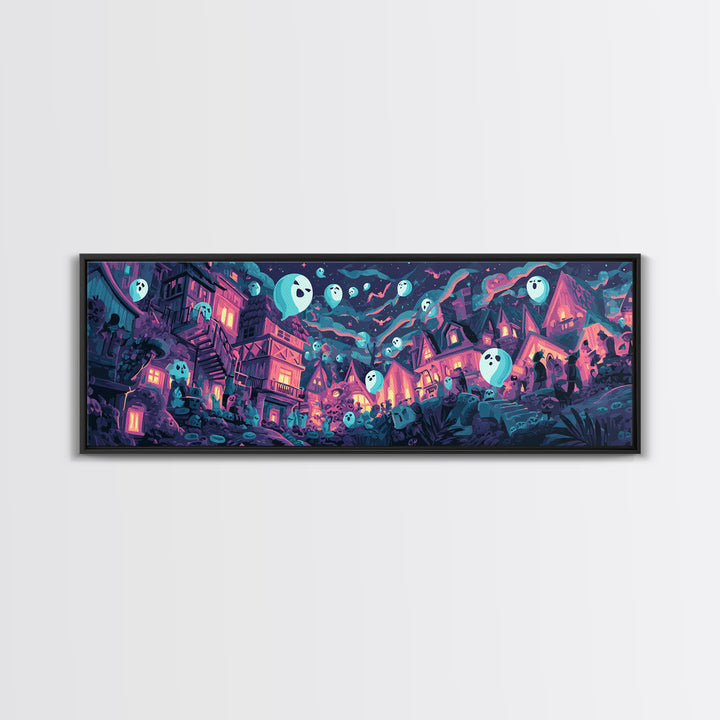The Ghost Balloon City, Synthwave Halloween Art, Extra Wide Wall Art, Canvas Print, Retro Halloween Decor, Neon Wall Art, Statement Wall Art