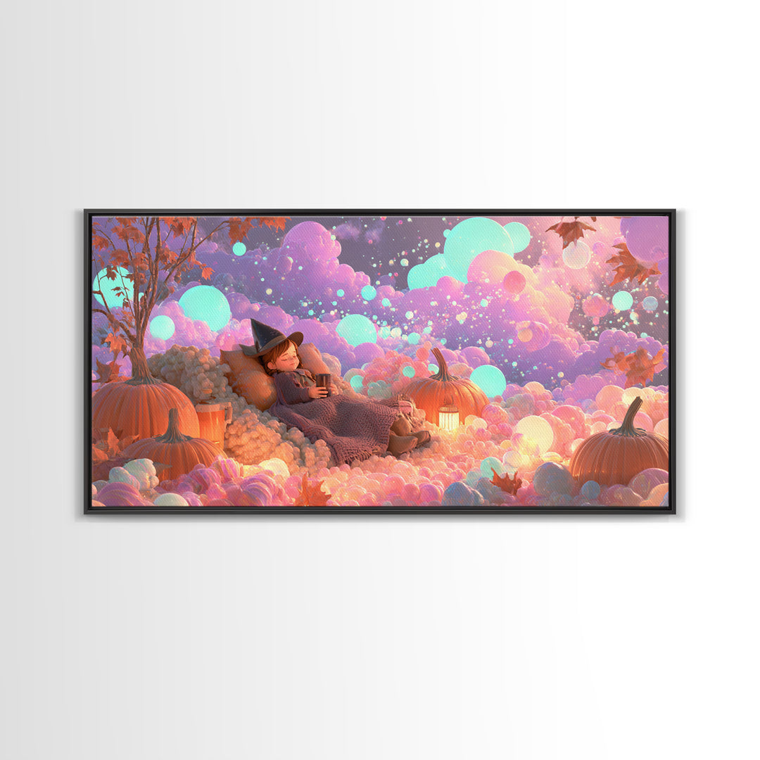 The Candy Comet Adventure, Synthwave Halloween Art, Wide Panoramic Art, Framed Canvas Print, Retro Halloween Decor, Neon Wall Art