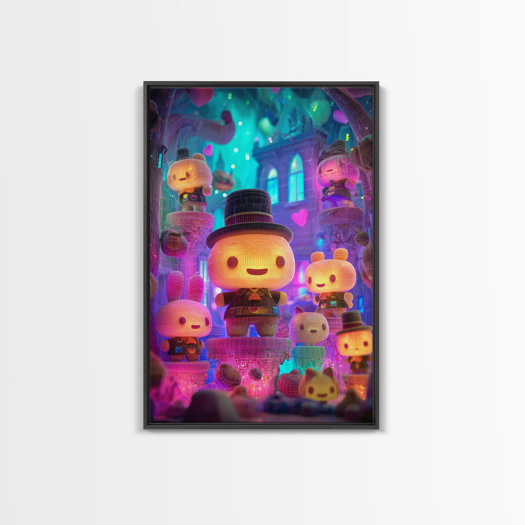 The Halloween Toy Kingdom, Cute Spooky Neon Art, Vertical Wall Art, Framed Canvas Print, Retro Halloween Decor, Neon Wall Art
