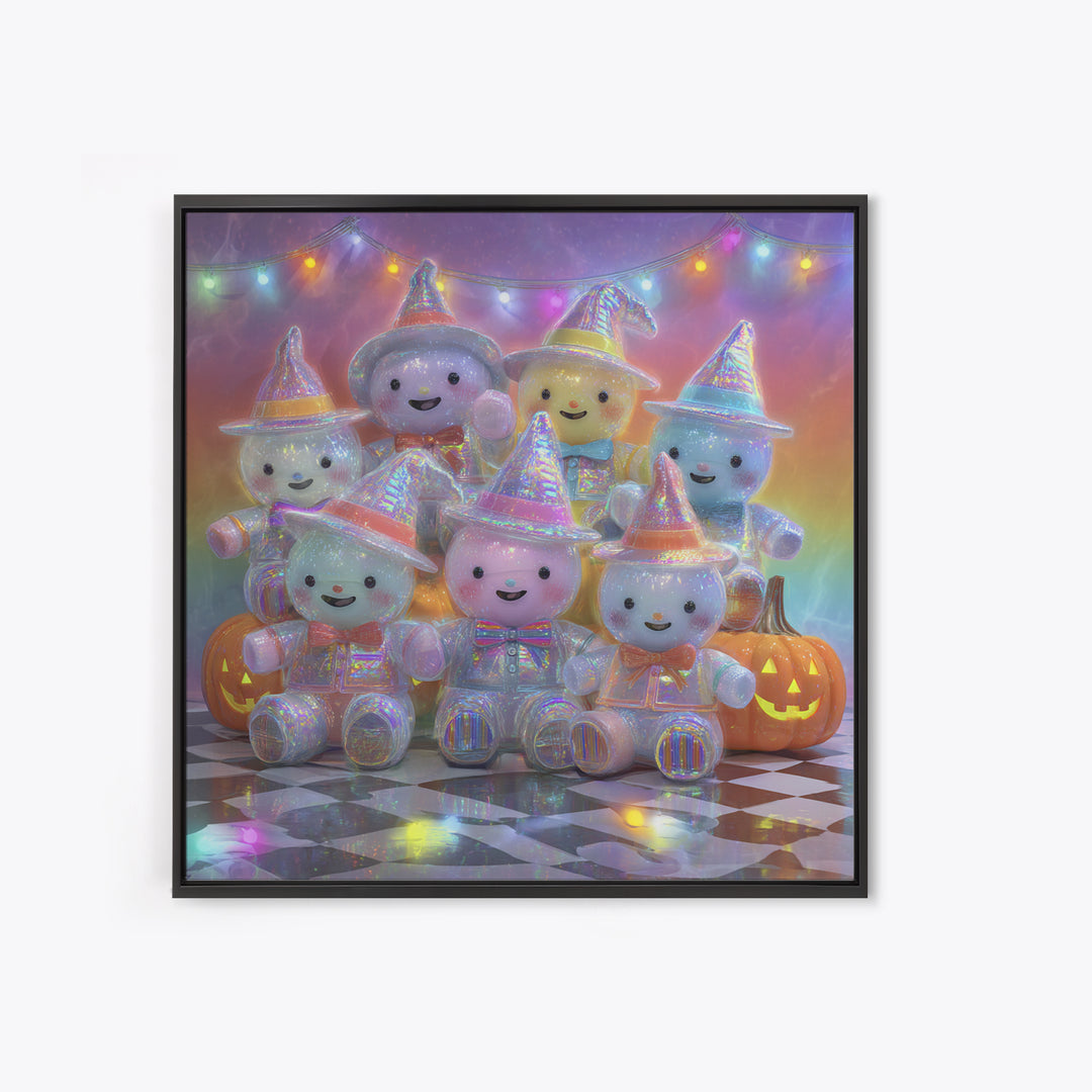 The Halloween Toy Kingdom, Cute Spooky Neon Art, Square Wall Art, Framed Canvas Print, Retro Halloween Decor, Neon Wall Art