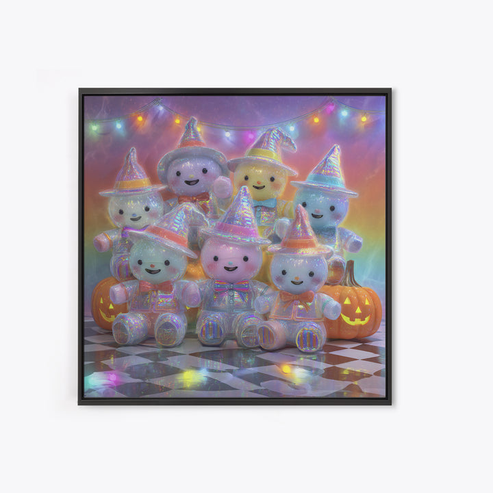 The Halloween Toy Kingdom, Cute Spooky Neon Art, Square Wall Art, Framed Canvas Print, Retro Halloween Decor, Neon Wall Art