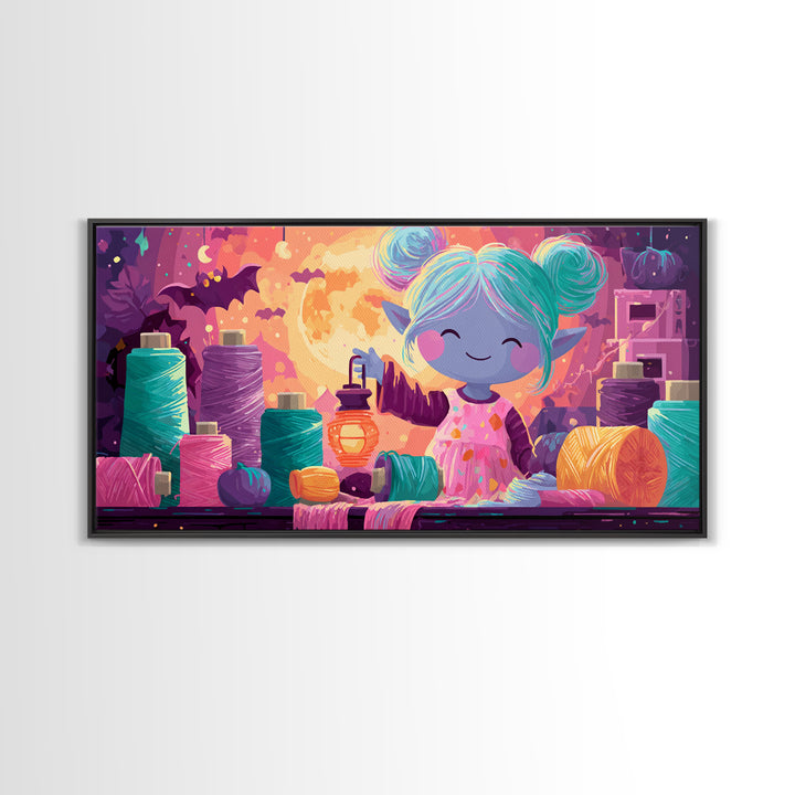 The Magical Costume Workshop, 80s Halloween Wall Art, Wide Panoramic Art, Framed Canvas Print, Retro Halloween Decor, Neon Wall Art
