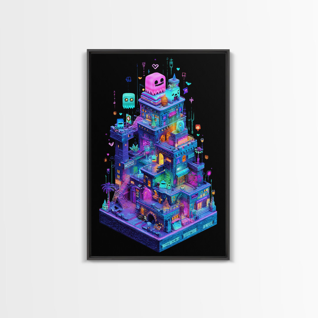 The Great Monster Pajama Party, Retro Neon Halloween Art, Vertical Wall Art, Framed Canvas Print, Retro Halloween Decor, Neon Wall Art