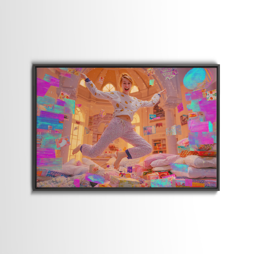 The Great Monster Pajama Party, Cute Spooky Neon Art, Landscape Wall Art, Framed Canvas Print, Retro Halloween Decor, Neon Wall Art