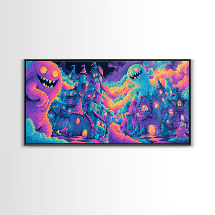 The Great Monster Pajama Party, Cute Spooky Neon Art, Wide Panoramic Art, Framed Canvas Print, Retro Halloween Decor, Neon Wall Art