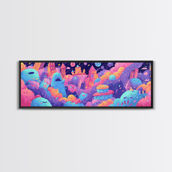 The Great Monster Pajama Party, Vaporwave Halloween Decor, Extra Wide Wall Art, Canvas Print, Retro Halloween Decor, Neon Wall Art