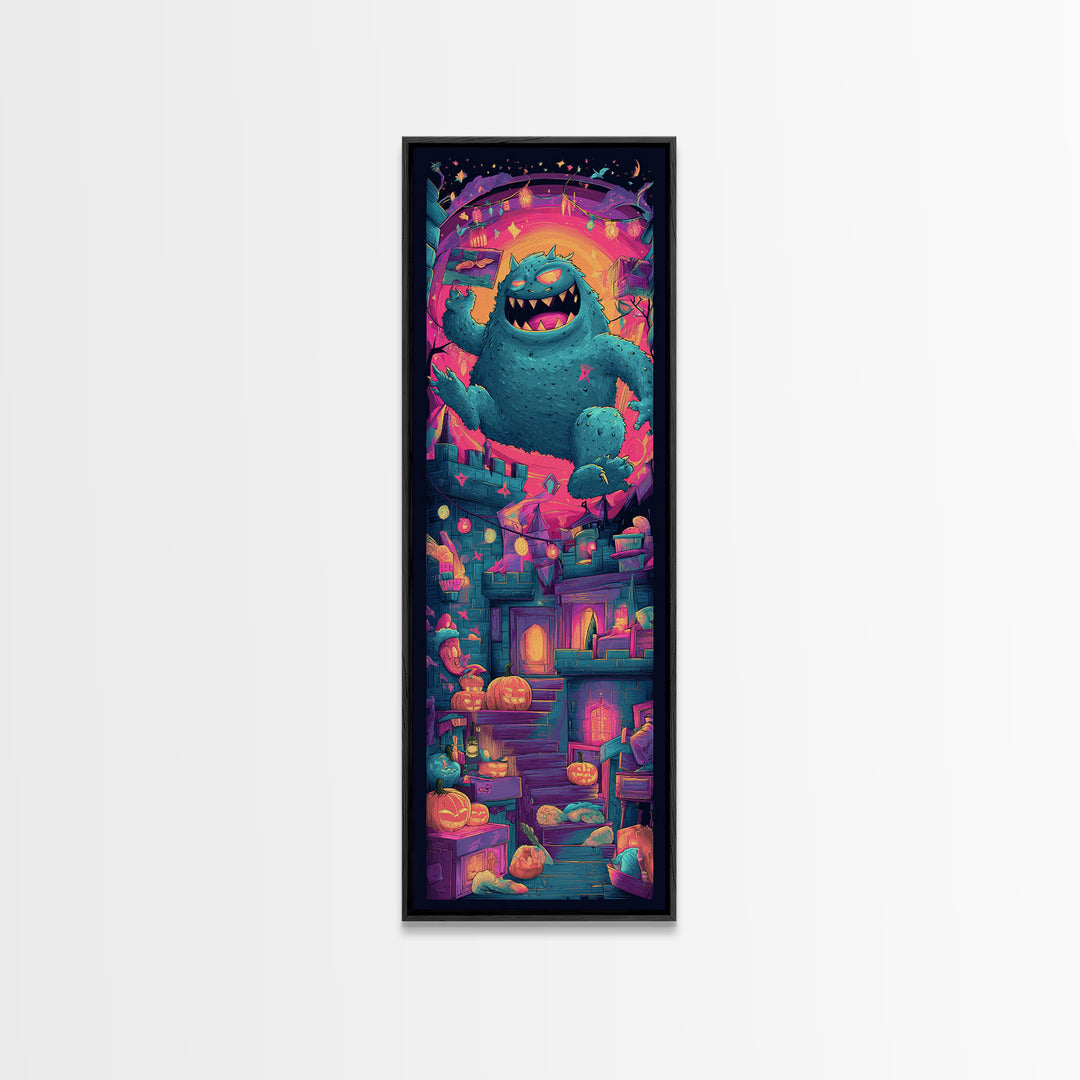 The Great Monster Pajama Party, Vaporwave Halloween Decor, Tall Narrow Wall Art, Canvas Print, Retro Halloween Decor, Neon Wall Art