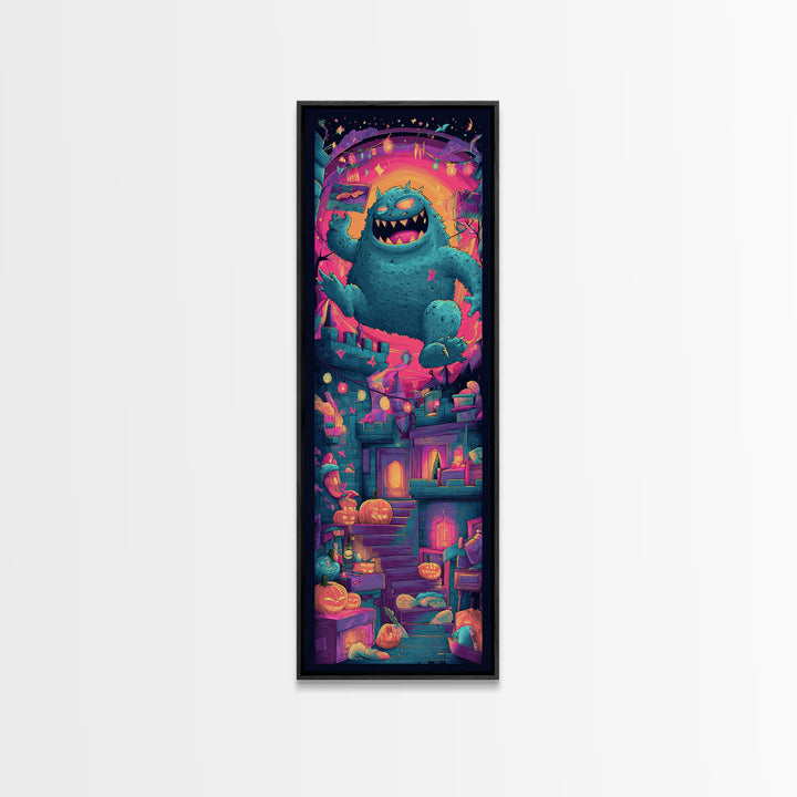 The Great Monster Pajama Party, Vaporwave Halloween Decor, Tall Narrow Wall Art, Canvas Print, Retro Halloween Decor, Neon Wall Art