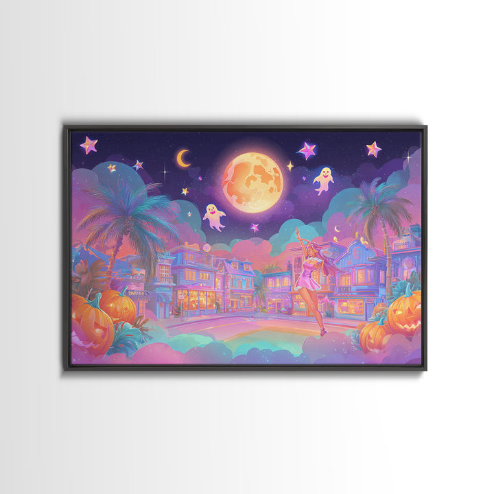The Rainbow Halloween Night, 80s Halloween Wall Art, Landscape Wall Art, Canvas Print, Retro Halloween Decor, Neon Wall Art