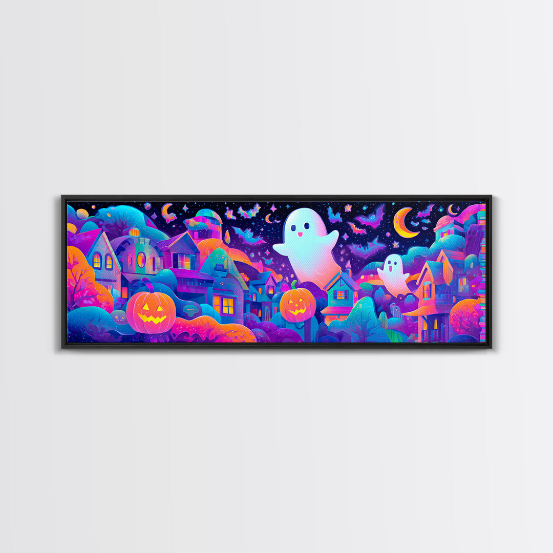 The Rainbow Halloween Night, Cute Spooky Neon Art, Extra Wide Wall Art, Canvas Print, Retro Halloween Decor, Neon Wall Art