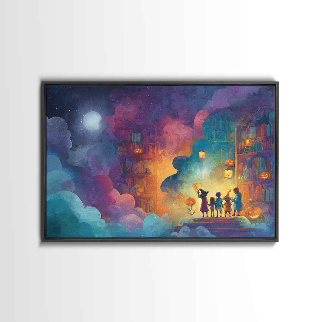 The Enchanted Halloween Library, Retro Neon Halloween Art, Landscape Wall Art, Framed Canvas Print, Retro Halloween Decor, Neon Wall Art