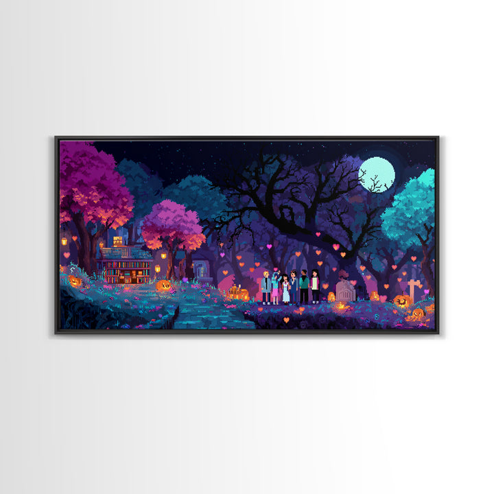 The Enchanted Halloween Library, Cute Spooky Neon Art, Wide Panoramic Art, Canvas Print, Retro Halloween Decor, Neon Wall Art