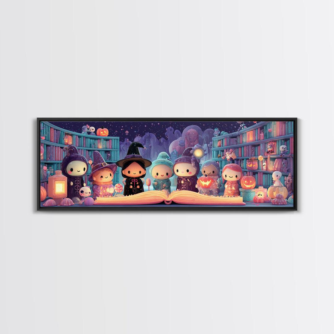 The Enchanted Halloween Library, Cute Spooky Neon Art, Extra Wide Wall Art, Canvas Print, Retro Halloween Decor, Neon Wall Art