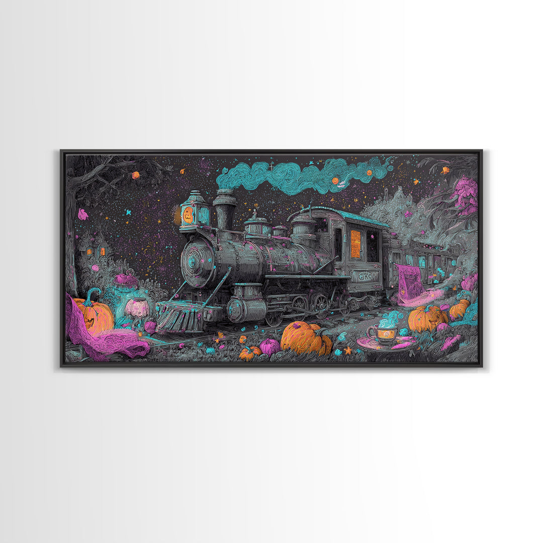 The Trick-Or-Treat Express, Synthwave Halloween Art, Wide Panoramic Art, Canvas Print, Retro Halloween Decor, Neon Wall Art