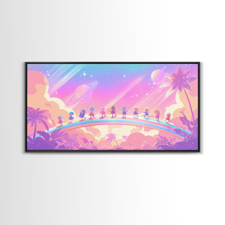 The Parade Across The Stars, Synthwave Halloween Art, Wide Panoramic Art, Framed Canvas Print, Retro Halloween Decor, Neon Wall Art