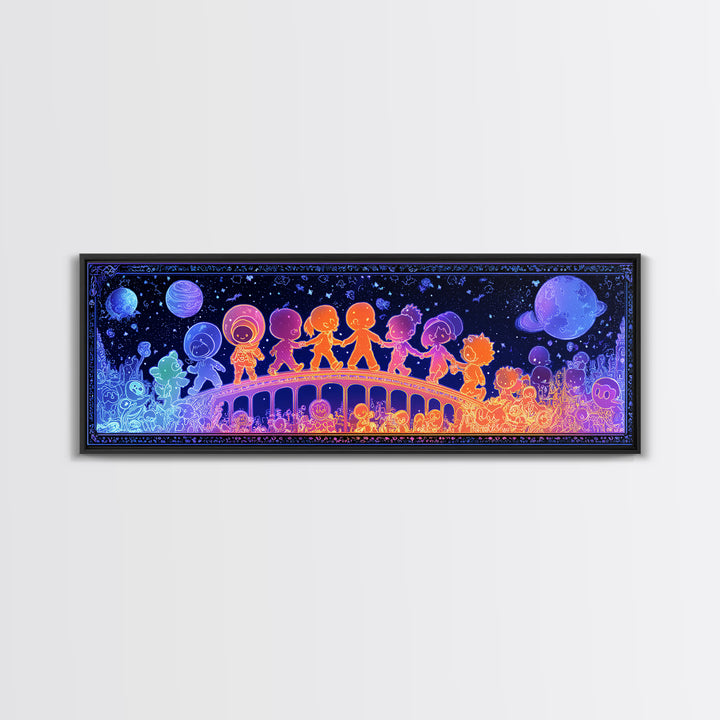 The Parade Across The Stars, Retro Neon Halloween Art, Extra Wide Wall Art, Framed Canvas Print, Retro Halloween Decor, Neon Wall Art