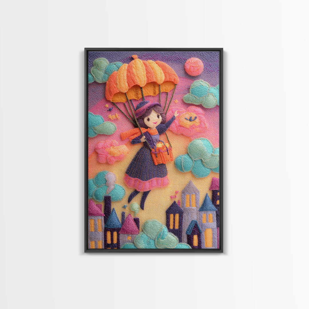 The Enchanted Umbrella Adventure, 80s Halloween Wall Art, Vertical Wall Art, Canvas Print, Retro Halloween Decor, Neon Wall Art