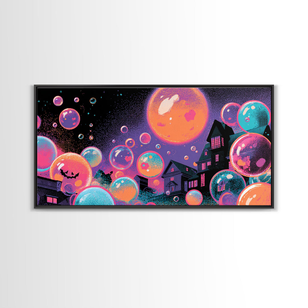 The Halloween Bubble Village, Synthwave Halloween Art, Wide Panoramic Art, Framed Canvas Print, Retro Halloween Decor, Neon Wall Art