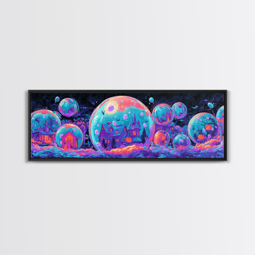 The Halloween Bubble Village, Cute Spooky Neon Art, Extra Wide Wall Art, Canvas Print, Retro Halloween Decor, Neon Wall Art