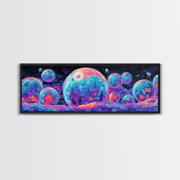 The Halloween Bubble Village, Cute Spooky Neon Art, Extra Wide Wall Art, Canvas Print, Retro Halloween Decor, Neon Wall Art