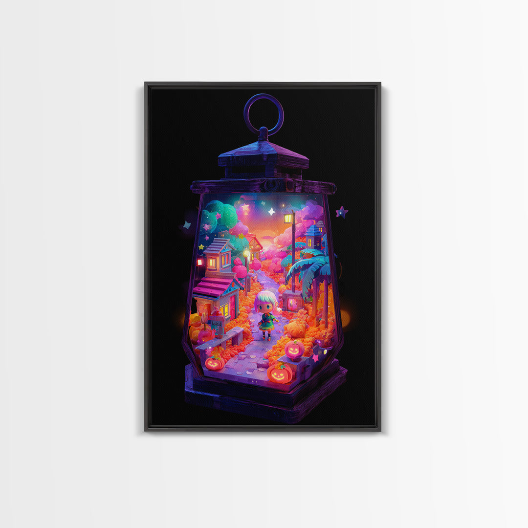 The World Inside A Lantern, Cute Spooky Neon Art, Vertical Wall Art, Canvas Print, Retro Halloween Decor, Neon Wall Art, Macabre Wall Art