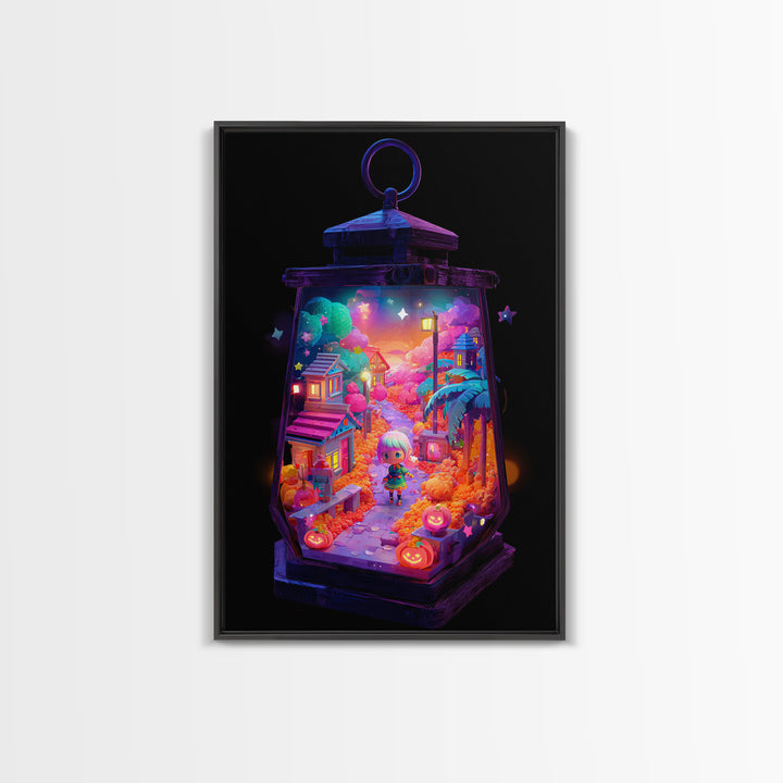 The World Inside A Lantern, Cute Spooky Neon Art, Vertical Wall Art, Canvas Print, Retro Halloween Decor, Neon Wall Art, Macabre Wall Art