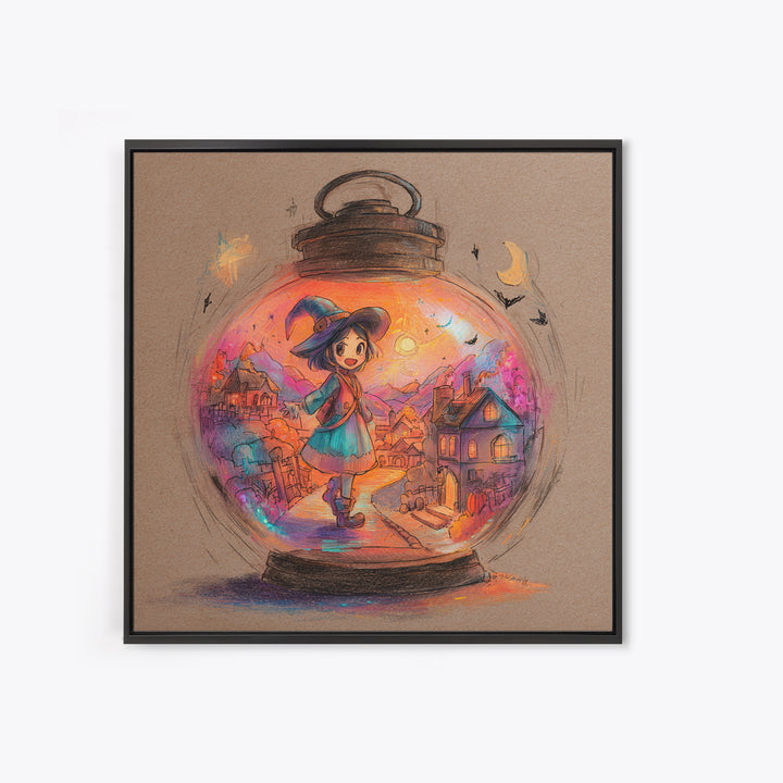 The World Inside A Lantern, Cute Spooky Neon Art, Square Wall Art, Framed Canvas Print, Retro Halloween Decor, Neon Wall Art