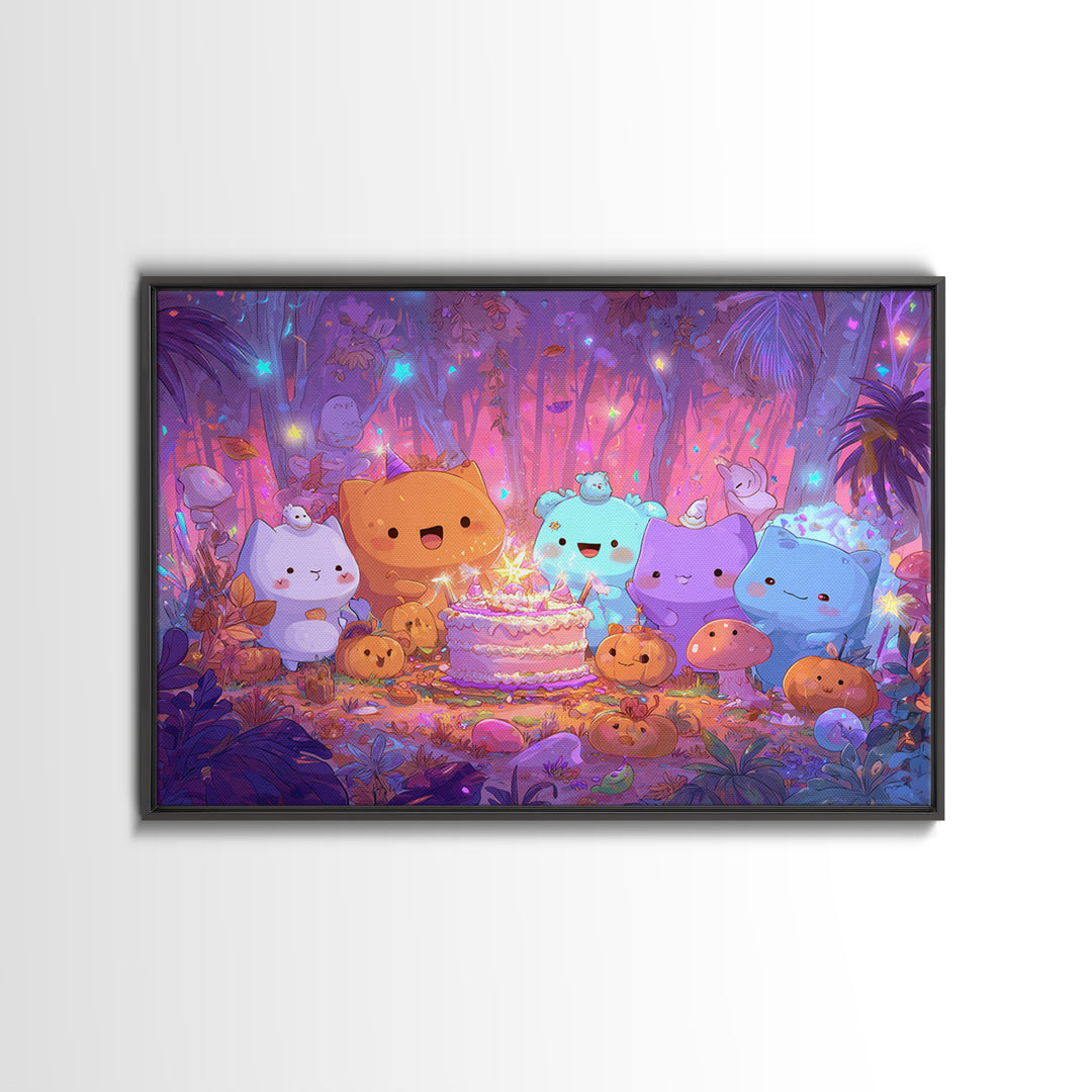 October'S Birthday Party, Cute Spooky Neon Art, Landscape Wall Art, Framed Canvas Print, Retro Halloween Decor, Neon Wall Art