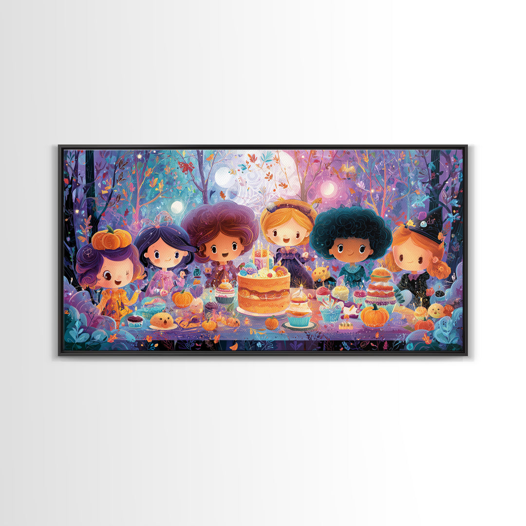 October'S Birthday Party, Vaporwave Halloween Decor, Wide Panoramic Art, Framed Canvas Print, Retro Halloween Decor, Neon Wall Art