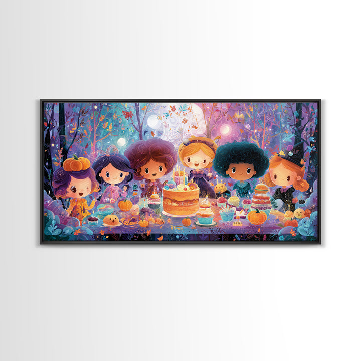 October'S Birthday Party, Vaporwave Halloween Decor, Wide Panoramic Art, Framed Canvas Print, Retro Halloween Decor, Neon Wall Art