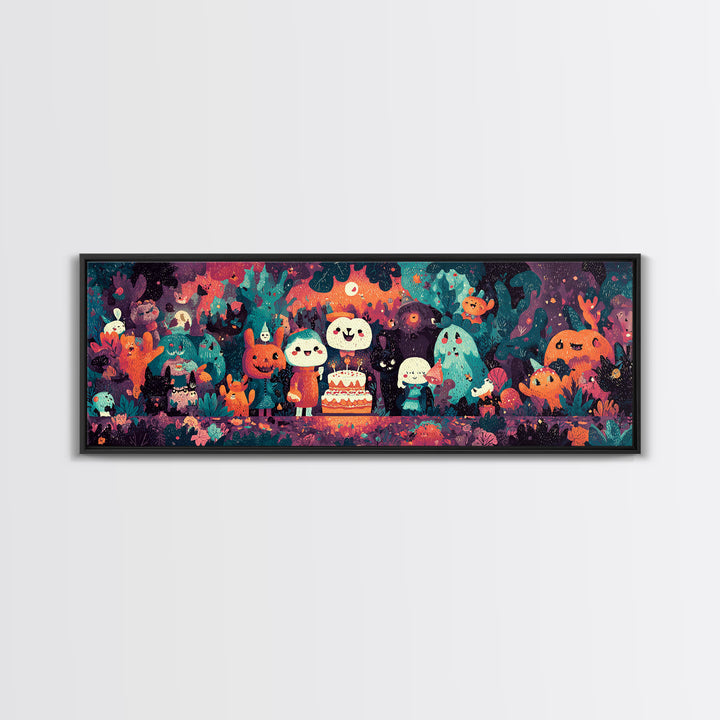 October'S Birthday Party, Vaporwave Halloween Decor, Extra Wide Wall Art, Canvas Print, Retro Halloween Decor, Neon Wall Art