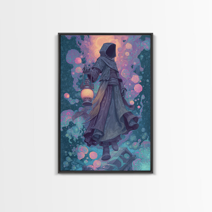 The Lantern-Bearer Of R’Lyeh, Retro Neon Halloween Art, Vertical Wall Art, Canvas Print, Retro Halloween Decor, Neon Wall Art