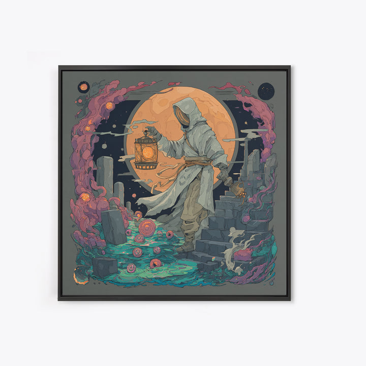 The Lantern-Bearer Of R’Lyeh, Vaporwave Halloween Decor, Square Wall Art, Framed Canvas Print, Retro Halloween Decor, Neon Wall Art