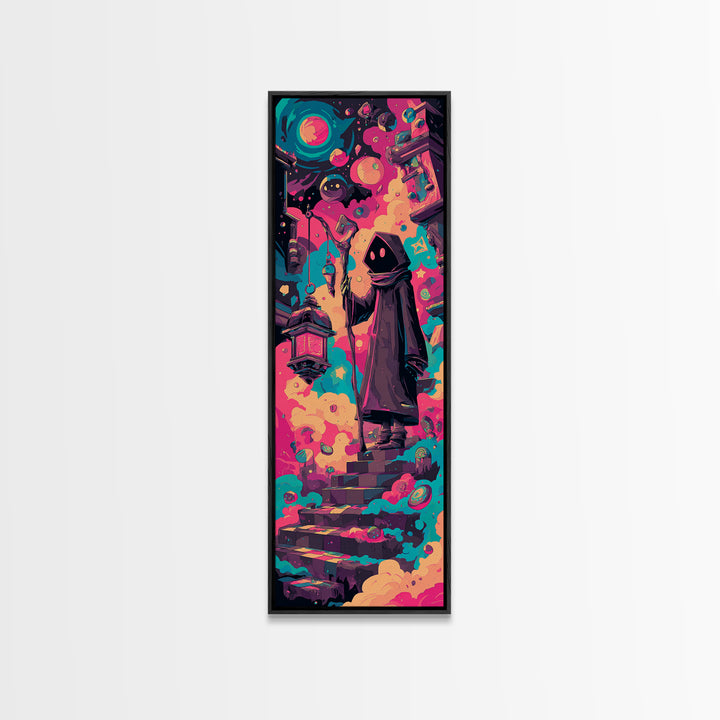 The Lantern-Bearer Of R’Lyeh, Retro Neon Halloween Art, Tall Narrow Wall Art, Canvas Print, Retro Halloween Decor, Neon Wall Art
