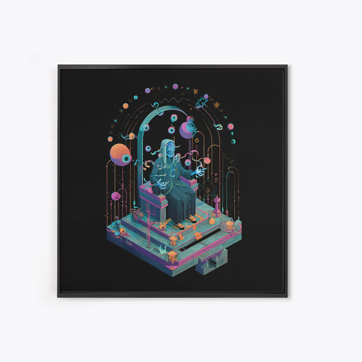 The Dreaming Priest Of The Outer Gate, Cosmic Synthwave Horror, Square Wall Art, Framed Canvas Print, Retro Halloween Decor, Neon Wall Art