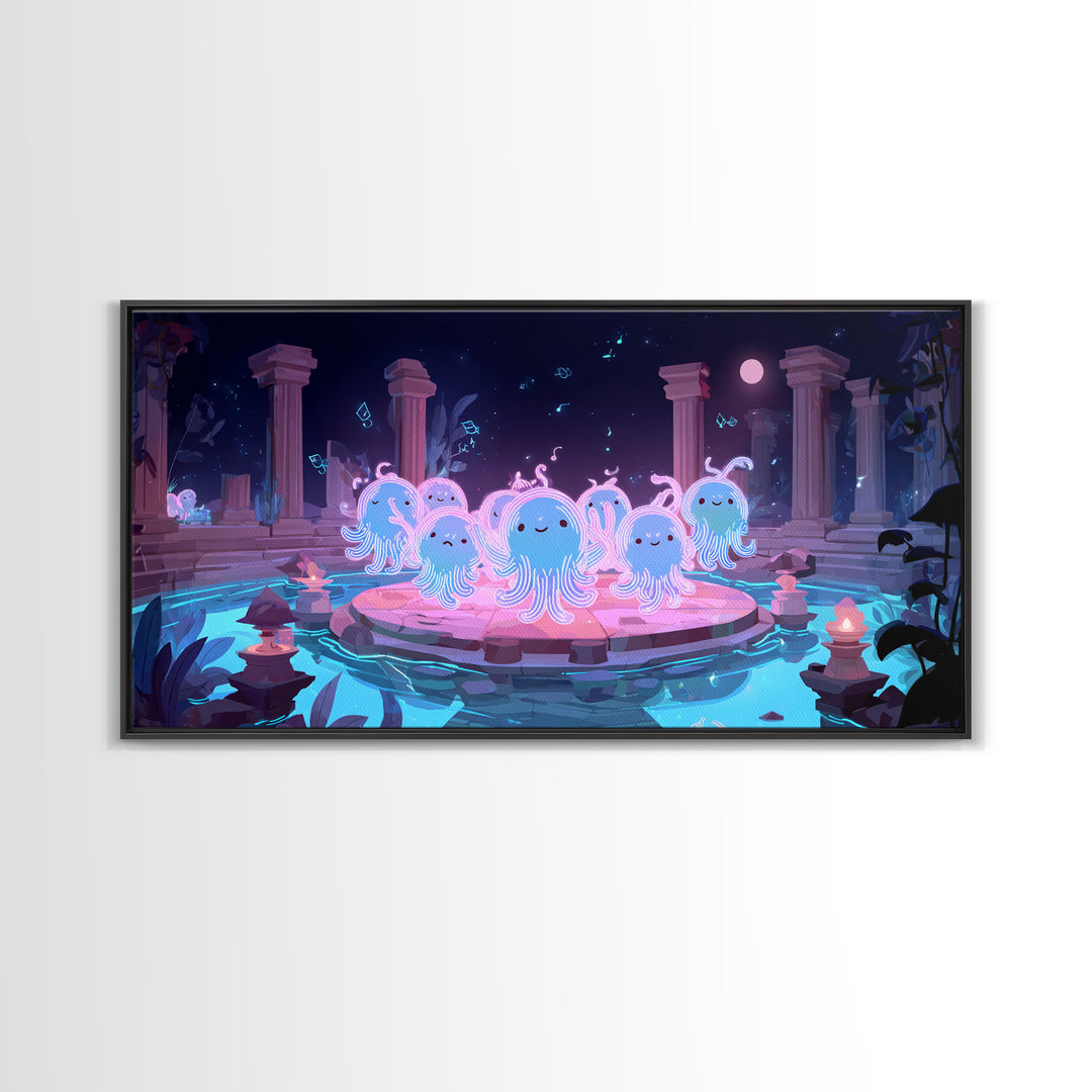 The Choir Of Deepwater Acolytes, Cute Spooky Neon Art, Wide Panoramic Art, Canvas Print, Retro Halloween Decor, Neon Wall Art