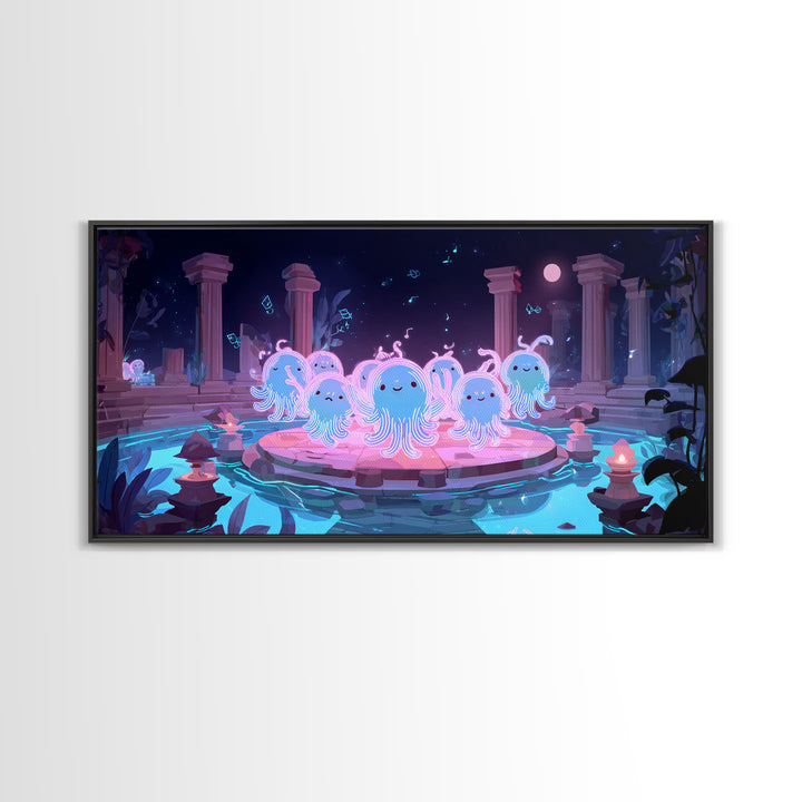 The Choir Of Deepwater Acolytes, Cute Spooky Neon Art, Wide Panoramic Art, Canvas Print, Retro Halloween Decor, Neon Wall Art