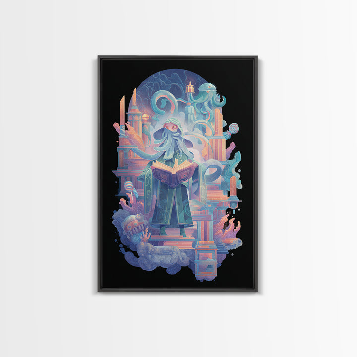 The Librarian Of Forbidden Tides, Retro Neon Halloween Art, Vertical Wall Art, Framed Canvas Print, Retro Halloween Decor, Neon Wall Art