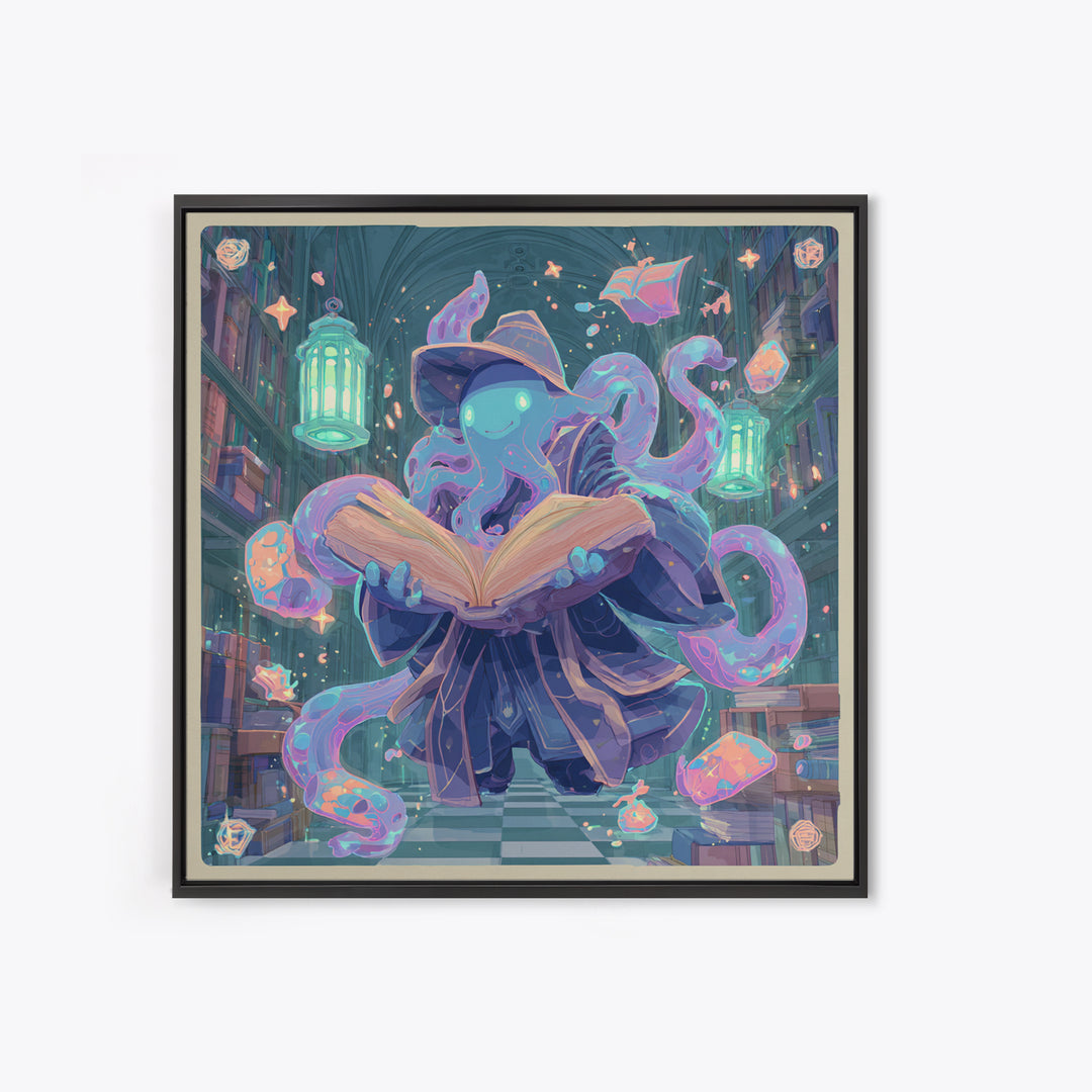 The Librarian Of Forbidden Tides, Cute Spooky Neon Art, Square Wall Art, Canvas Print, Retro Halloween Decor, Neon Wall Art